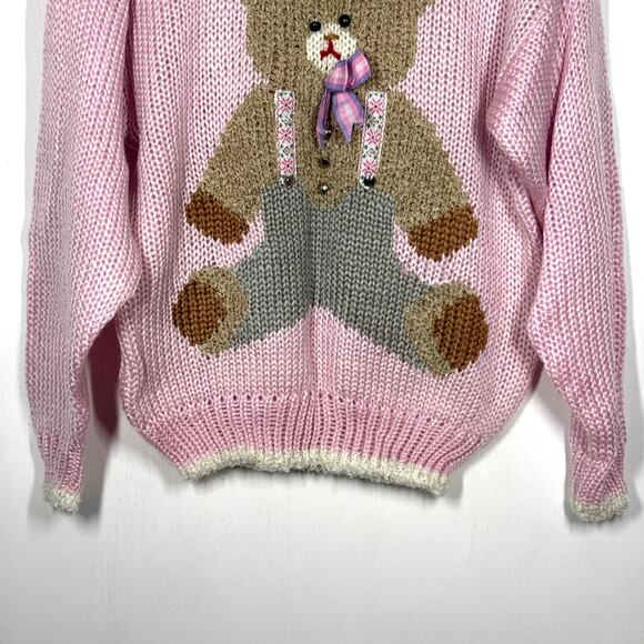 Vtg Far & Near Sweater NWT Size M Teddy Bear Pink Deadstock Cottage Grandma - Picture 4 of 10